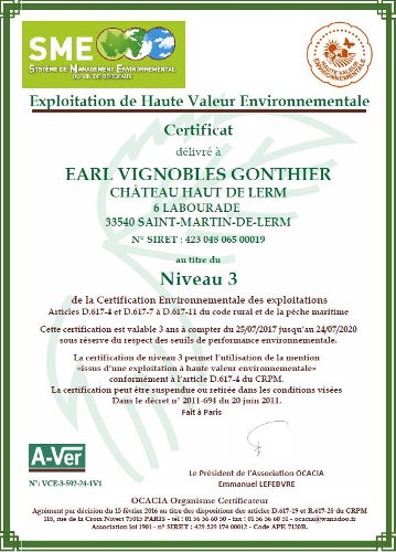 Certification Haute Valeur Environnementale pour château Haut de Lerm Vignobles Gonthier