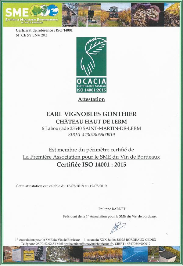 Certification ISO 14001 2015 pour château Haut de Lerm Vignobles Gonthier